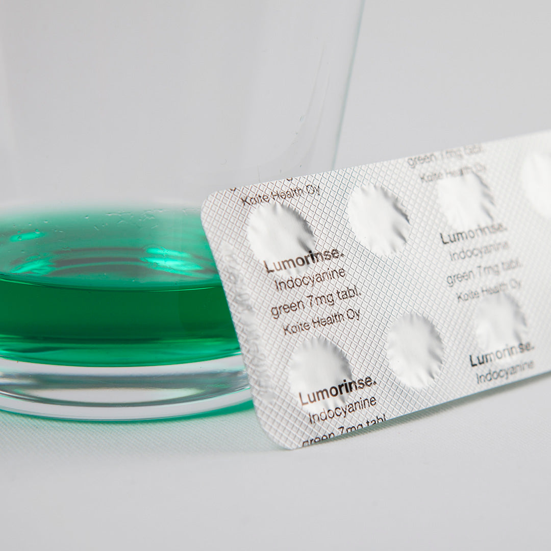 Lumorinse®-tabletter i blister med 7 mg indocyaningrøn