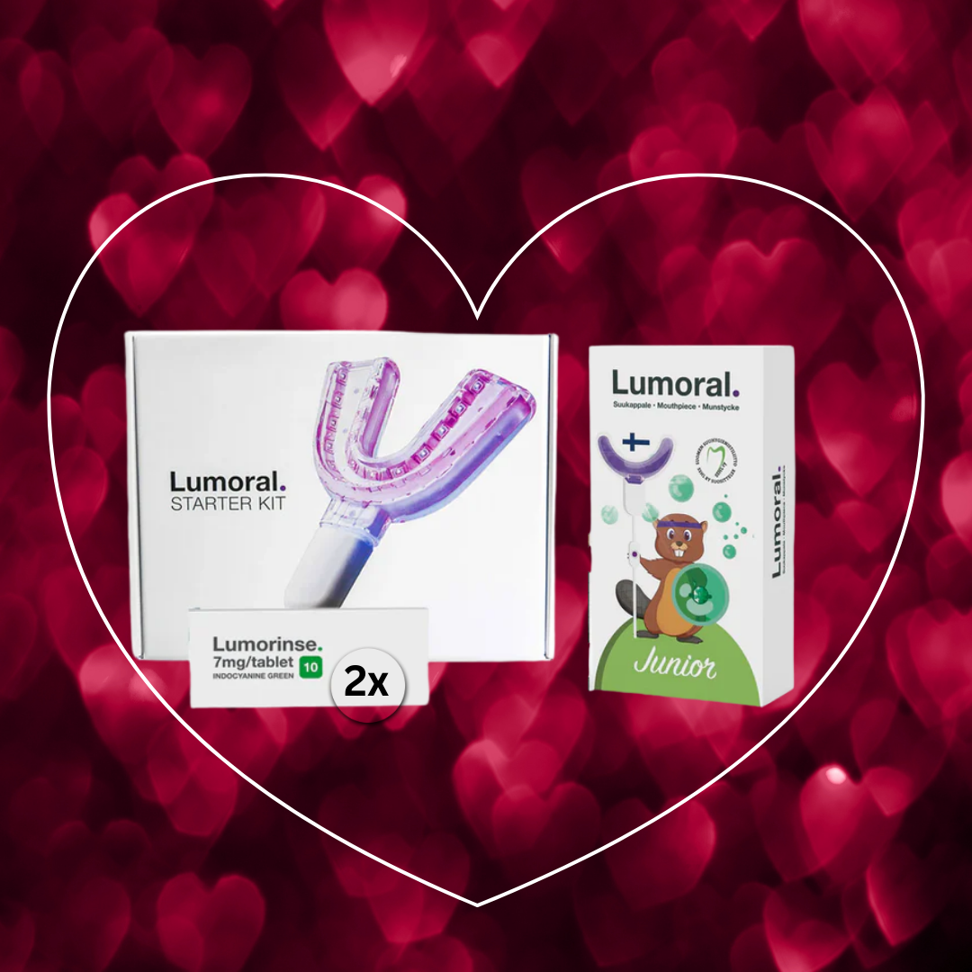Valentins Pakke 2: 1 powerbank, 2 mundskinner (1 normal, 1 junior) – inkl. 20 Lumorinse®