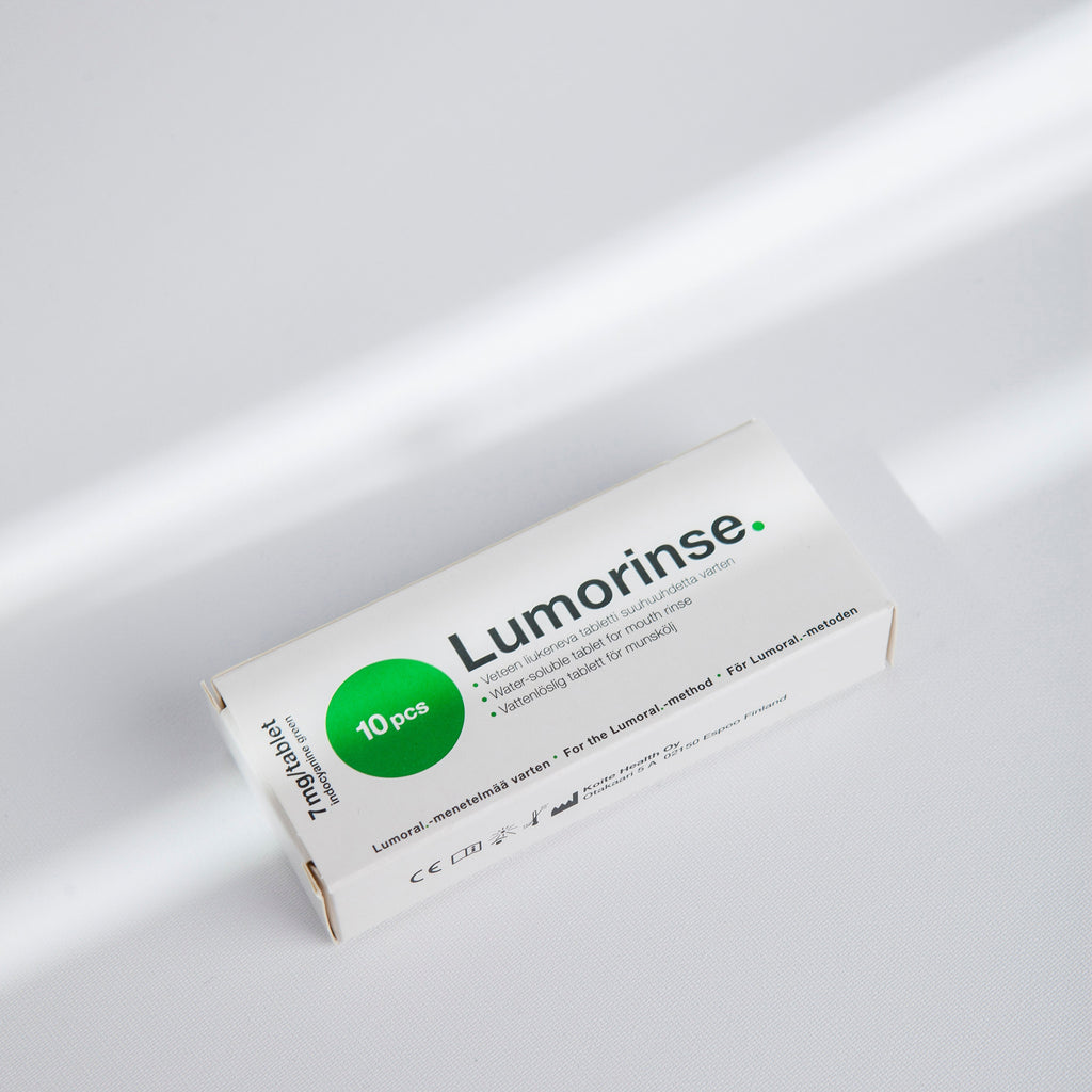Pakken med Lumorinse tabletter, 10 stk